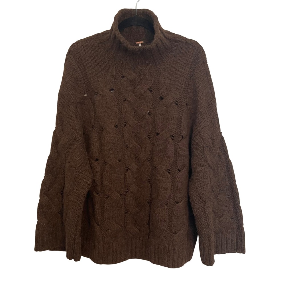 Free People Espresso Brown Alpaca Wool Cable Knit Mock Neck Sweater XL OB2387227